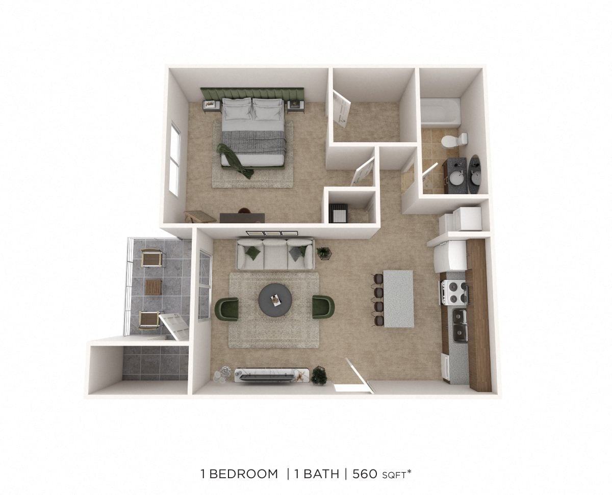 1 Bedroom 1 Bath 560 floor plan