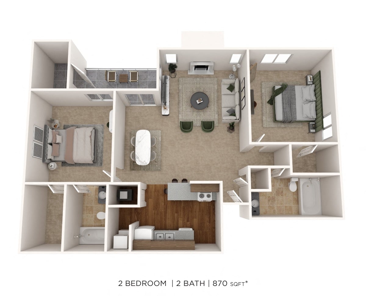 2 Bedroom 2 Bath 870 floor plan