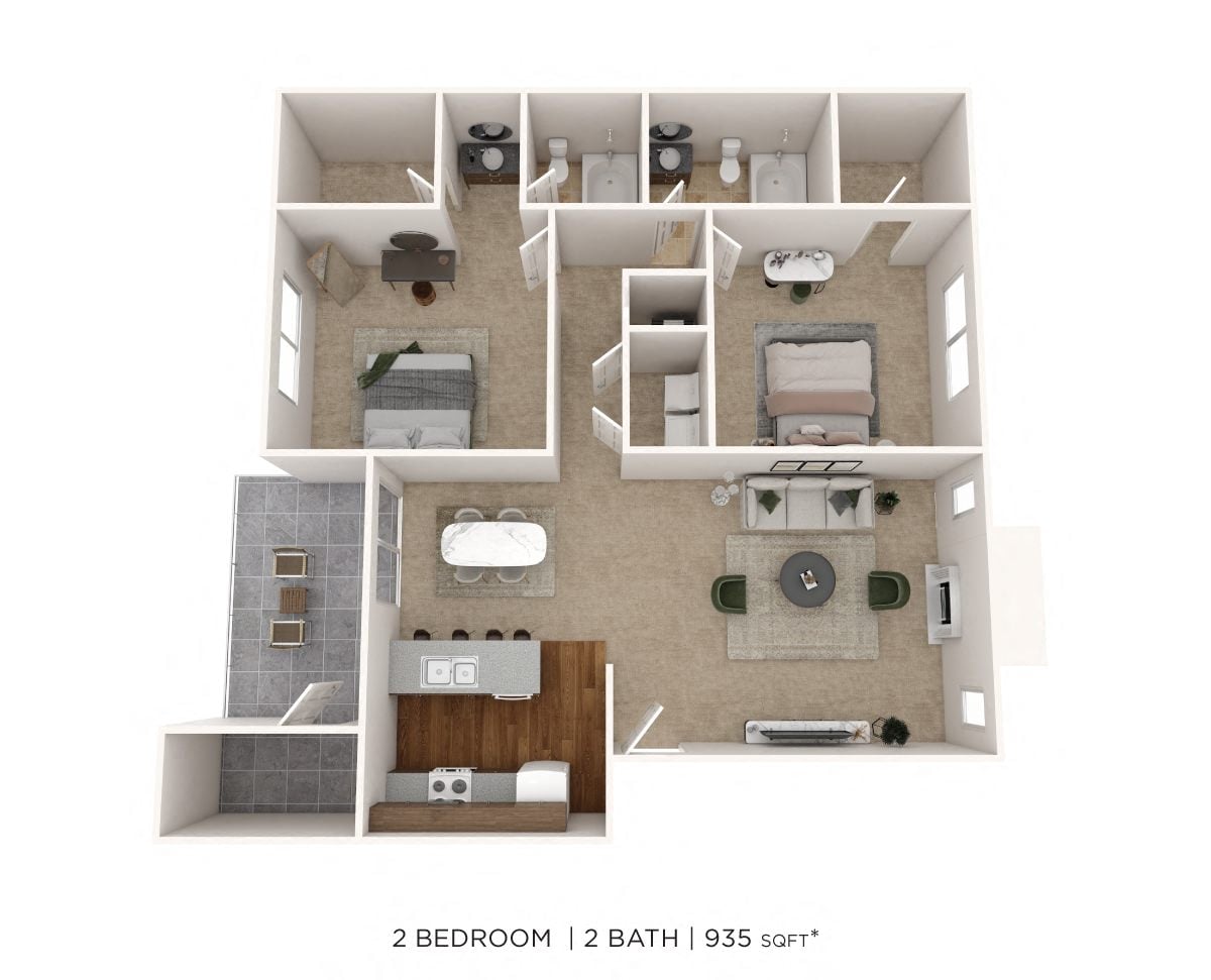 2 Bedroom 2 Bath 935 floor plan