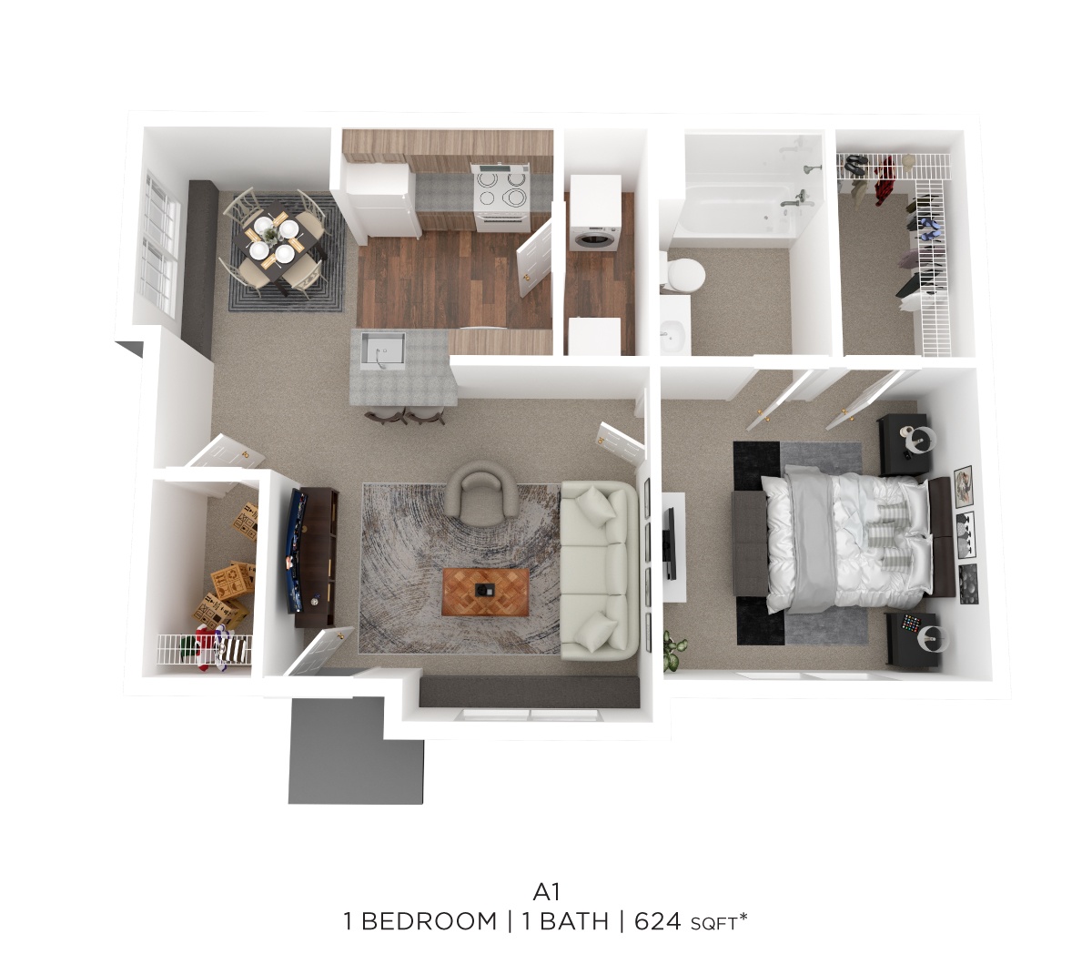 One Bed One Bath 624 Sqft floor plan