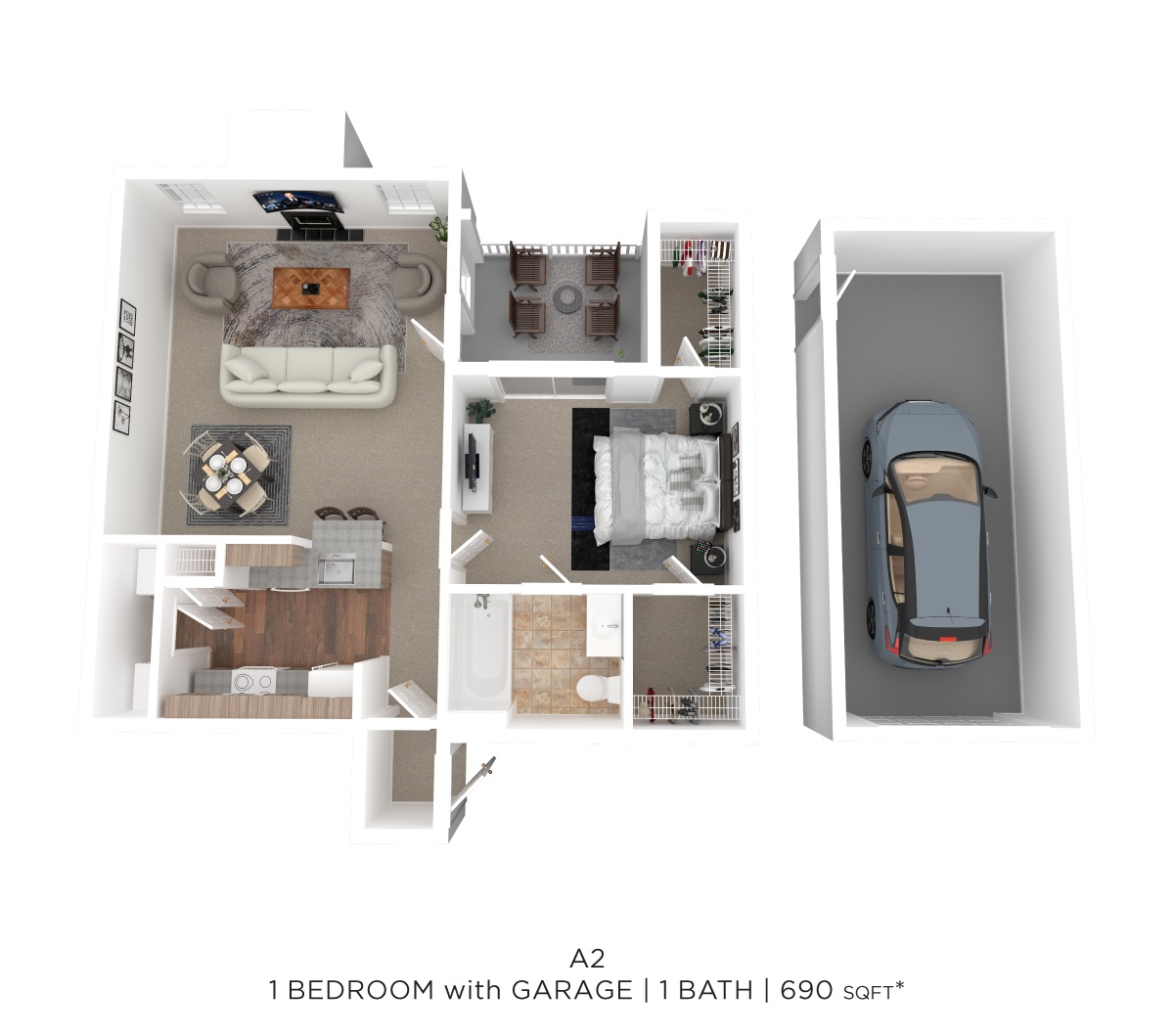 One Bed One Bath w/Garage 690 SqFt floor plan