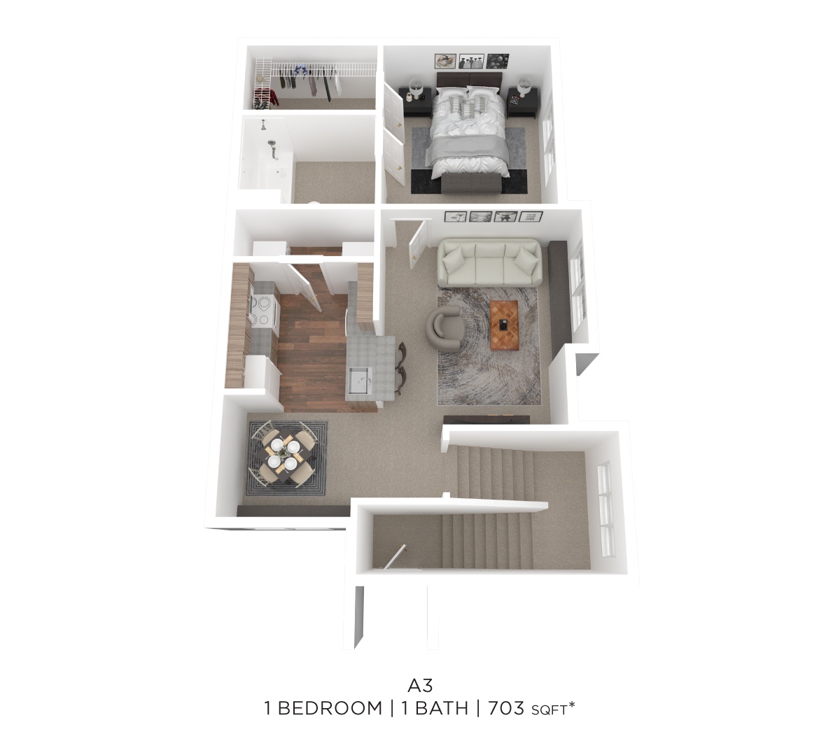 One Bed One Bath 703 Sqft floor plan