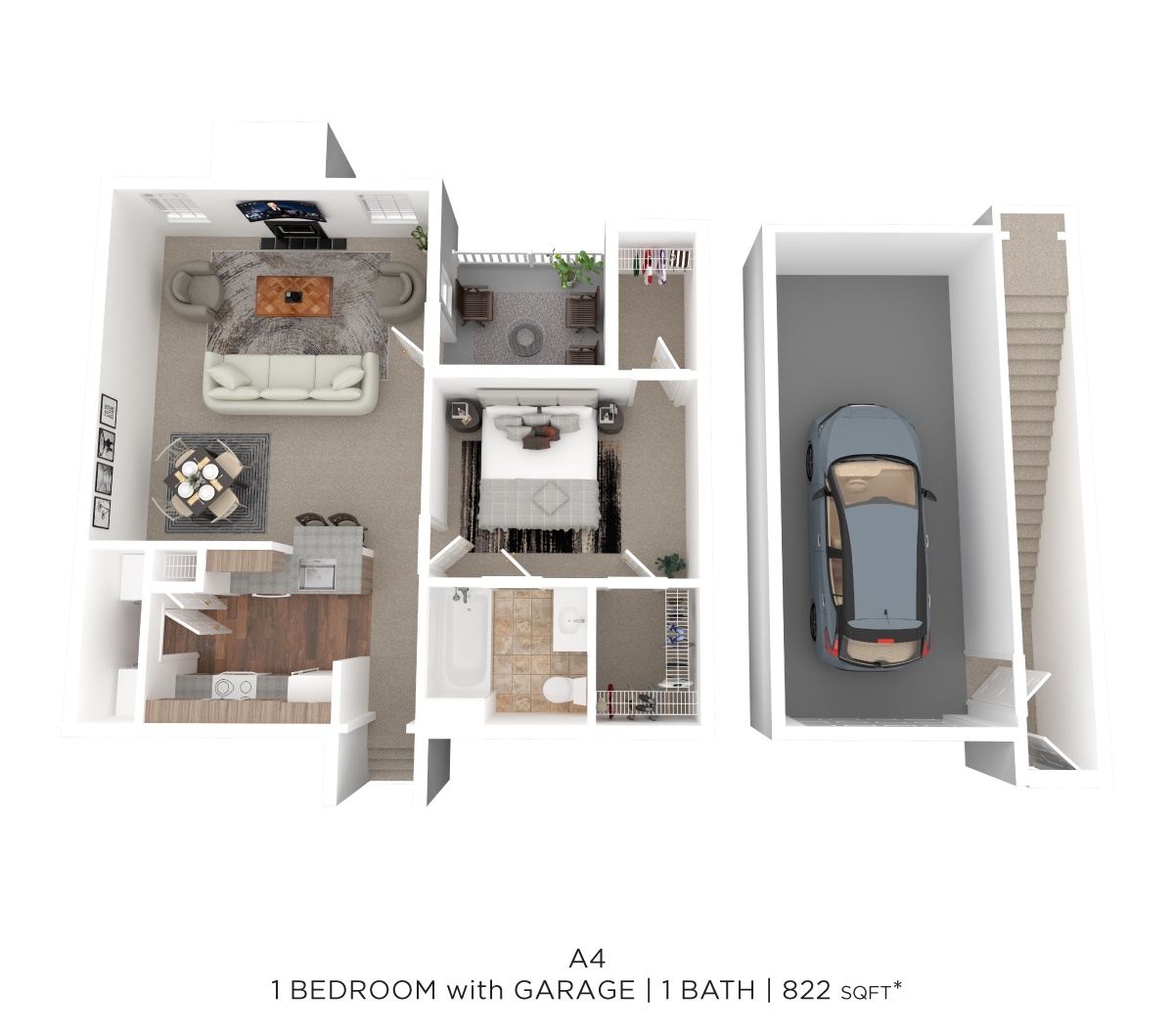 One Bed One Bath w/Garage 822 SqFt floor plan