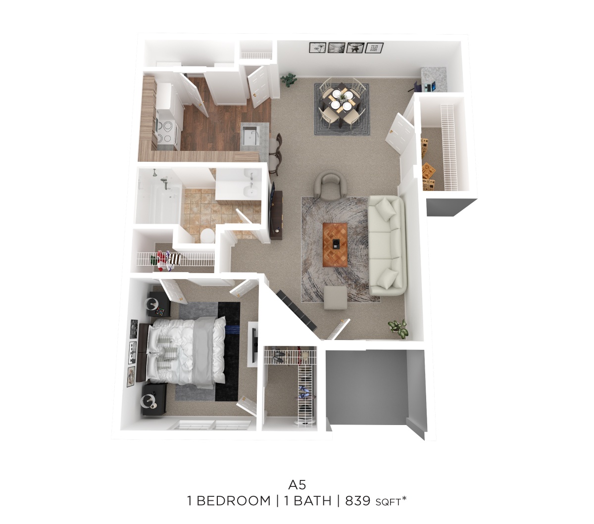 One Bed One Bath 839 Sqft floor plan