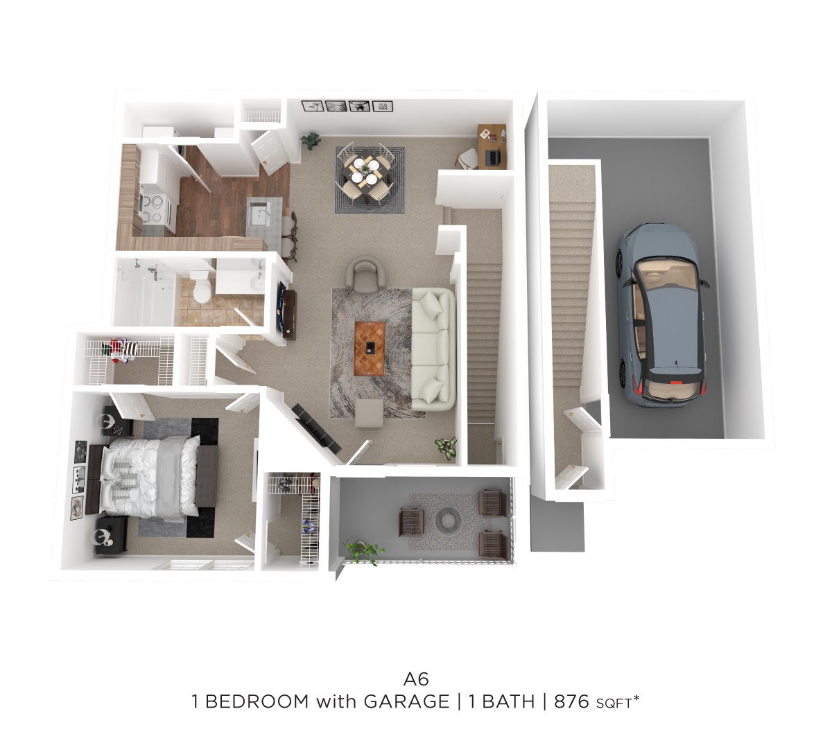One Bed One Bath w/Garage 876 SqFt floor plan