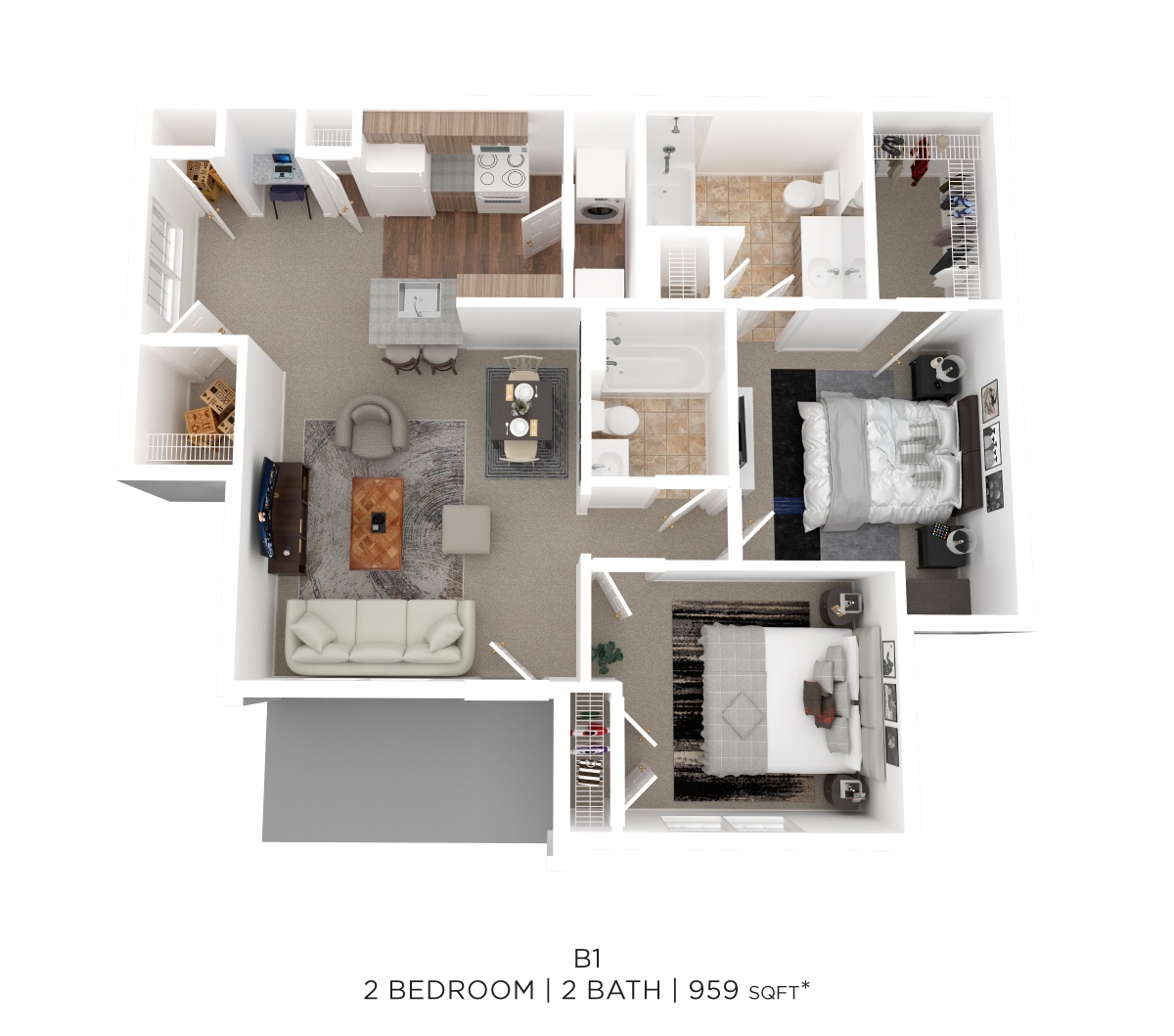 Two Bed Two Bath 959 Sqft floor plan