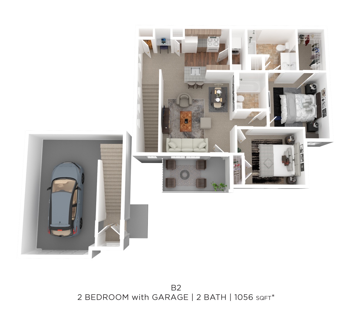 Two Bed Two Bath w/Garage 1056 SqFt floor plan