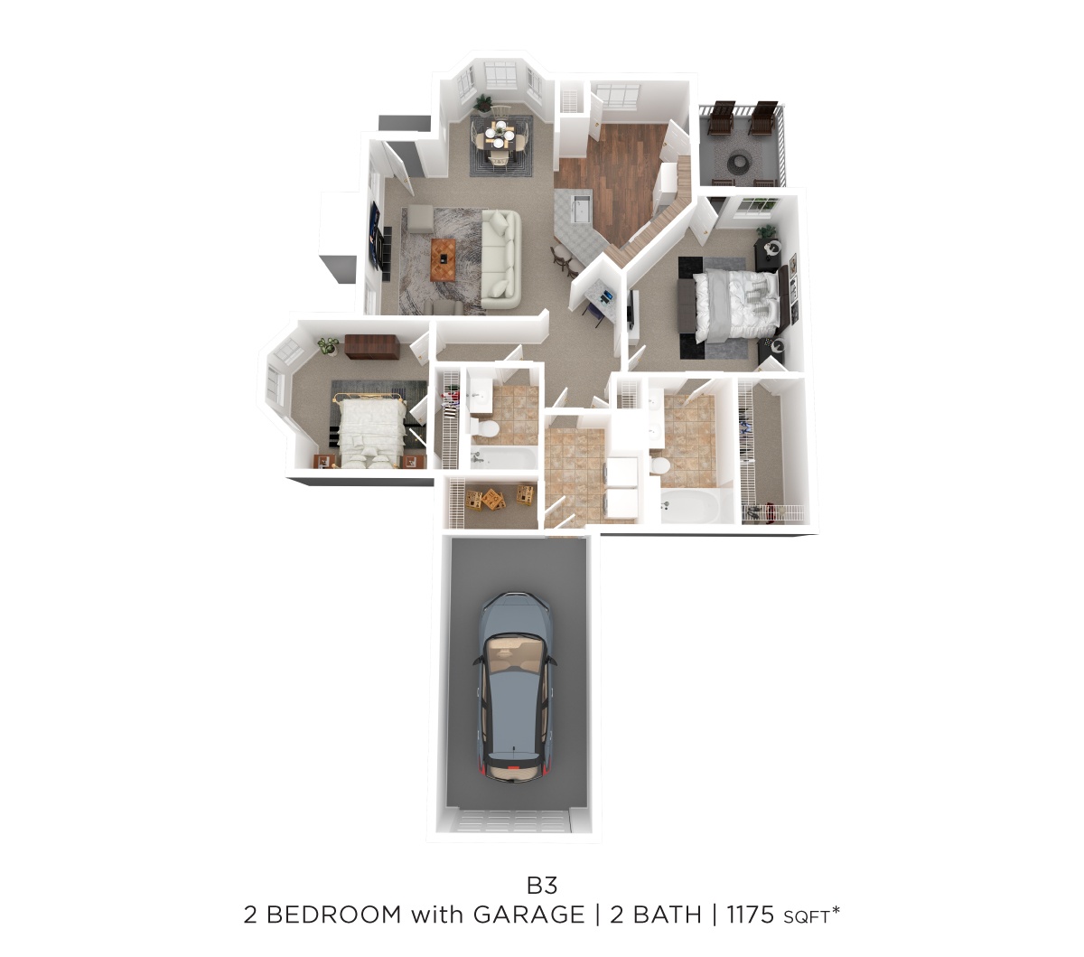 Two Bed Two Bath w/Garage 1175 SqFt floor plan