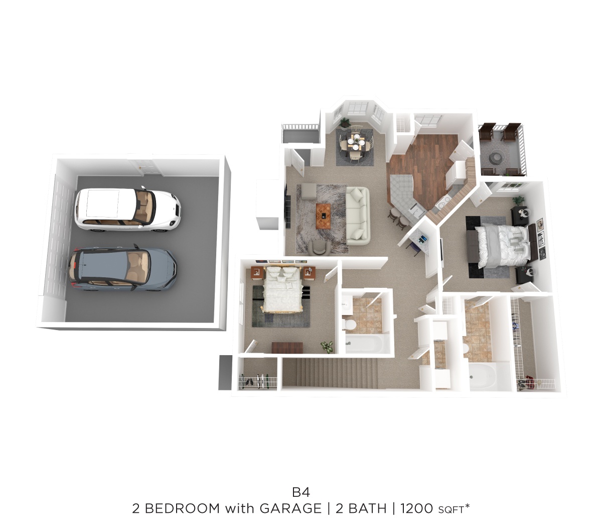 Two Bed Two Bath w/Garage 1200 SqFt floor plan