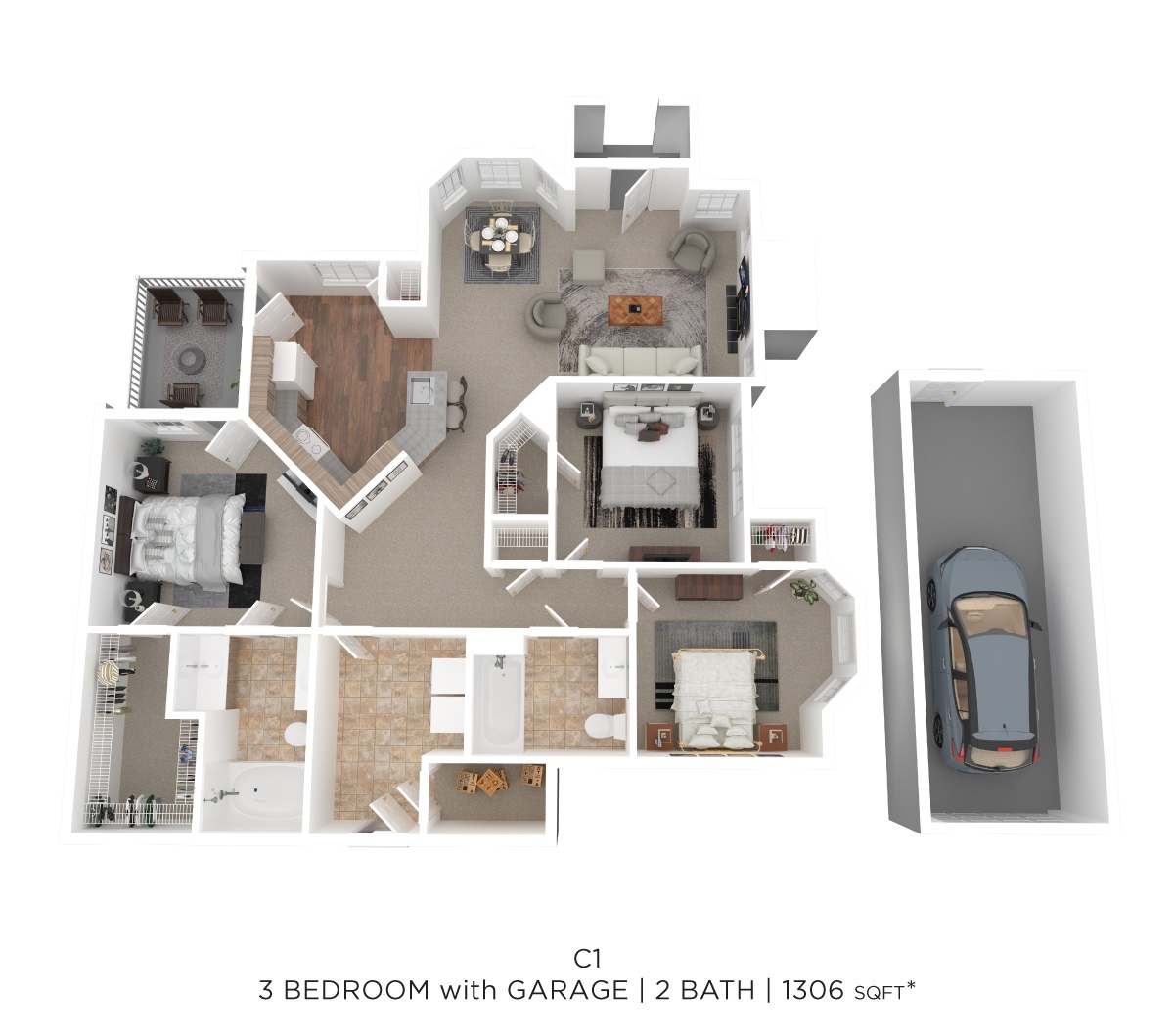 Three Bed Two Bath w/Garage 1306 SqFt floor plan