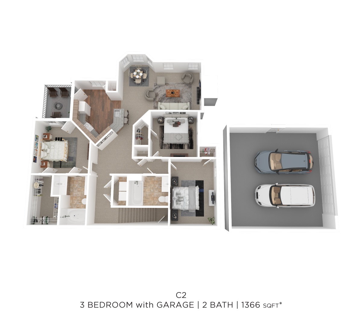 Three Bed Two Bath w/Garage 1366 SqFt floor plan