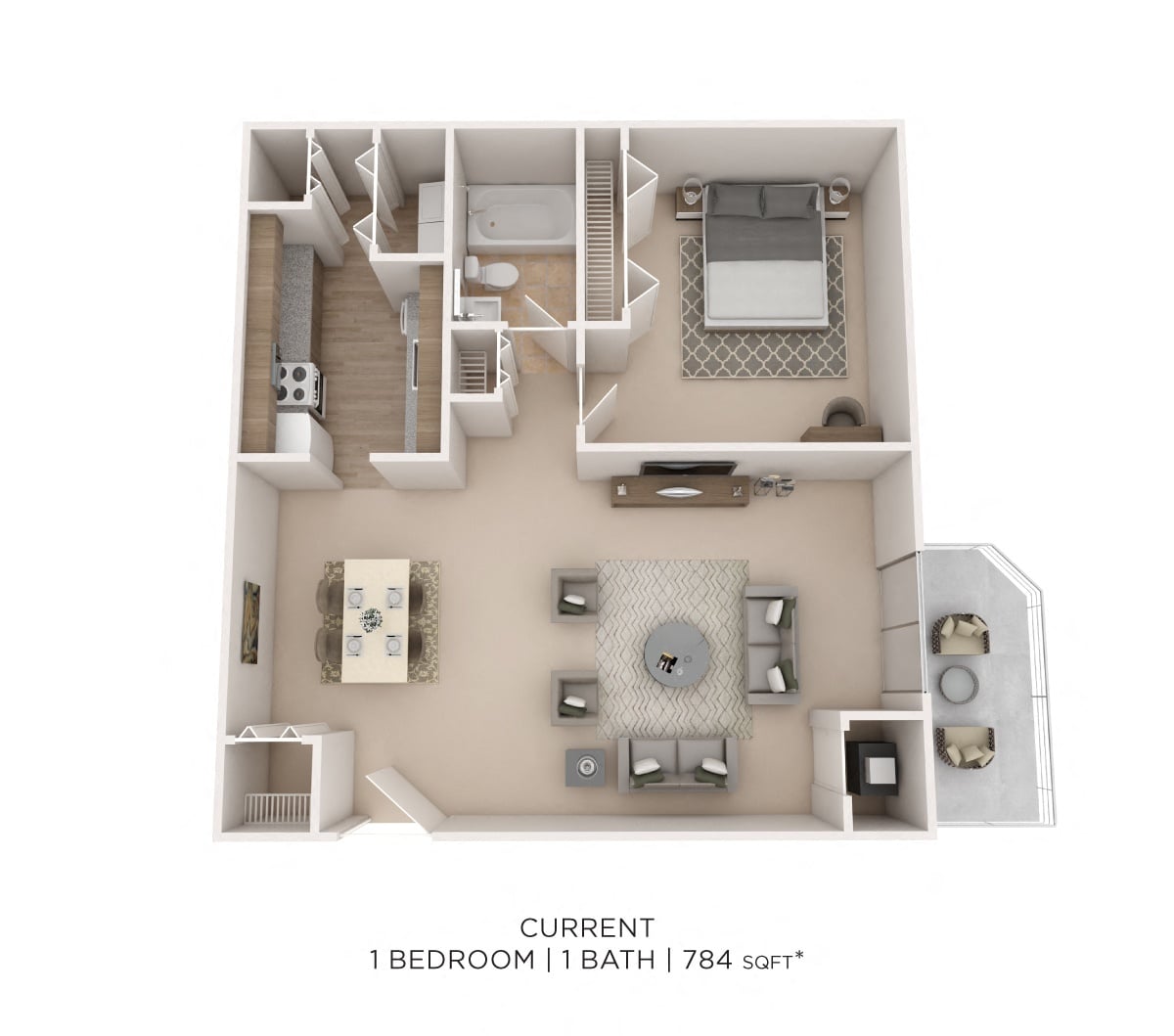 One Bedroom- 784 sqft floor plan