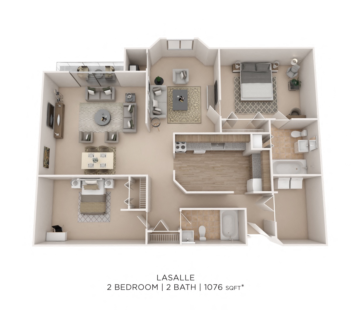 Two Bedroom 2 Bath- 1076 sqft floor plan
