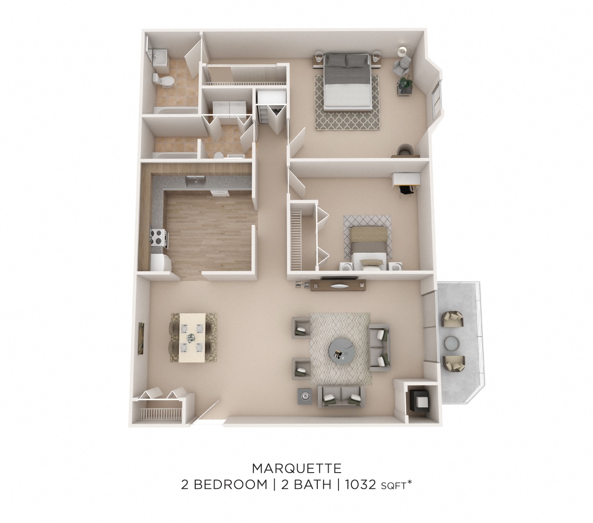 Two Bedroom 2 Bath- 1032 sqft floor plan