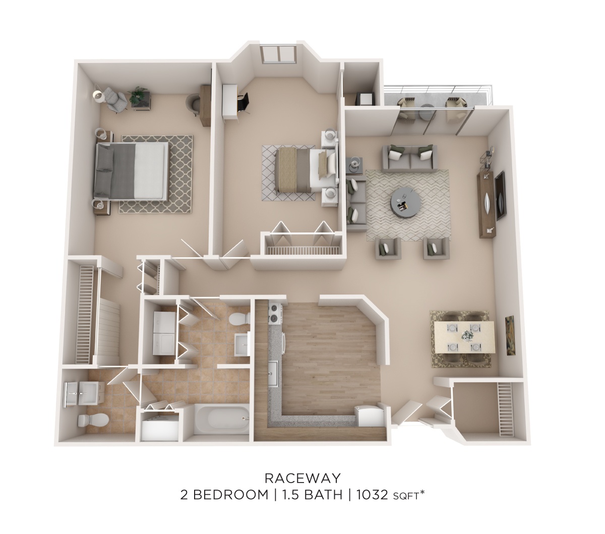 Two Bedroom 1.5 Bath- 1032 sqft floor plan
