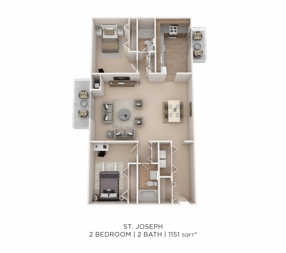 Two Bedroom 2 Bath- 1151 sqft floor plan