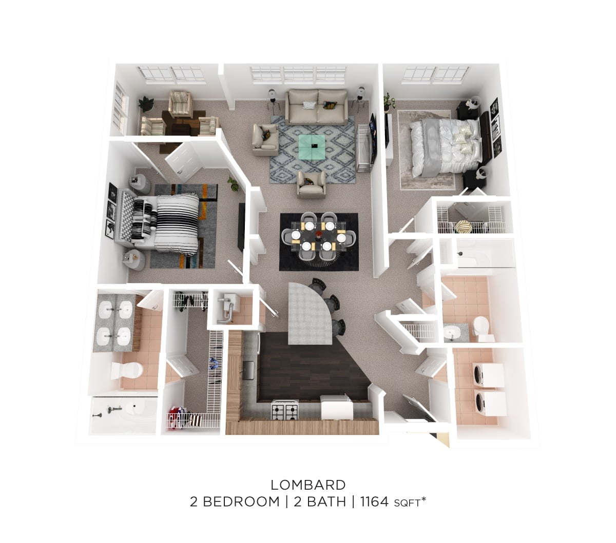 Two Bedroom 2 Bath - 1,164 sqft floor plan