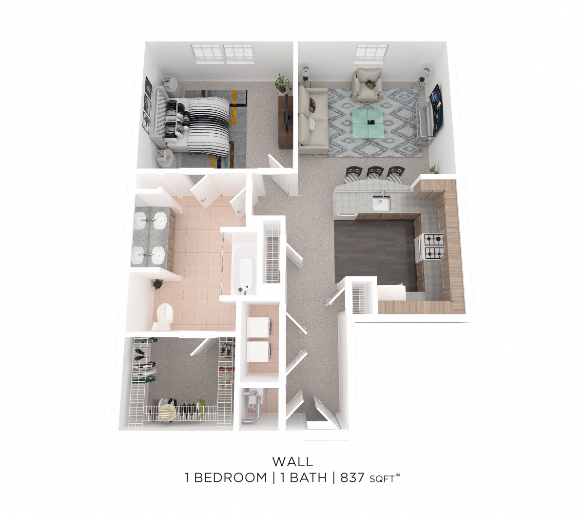 One Bedroom - 837 sqft floor plan
