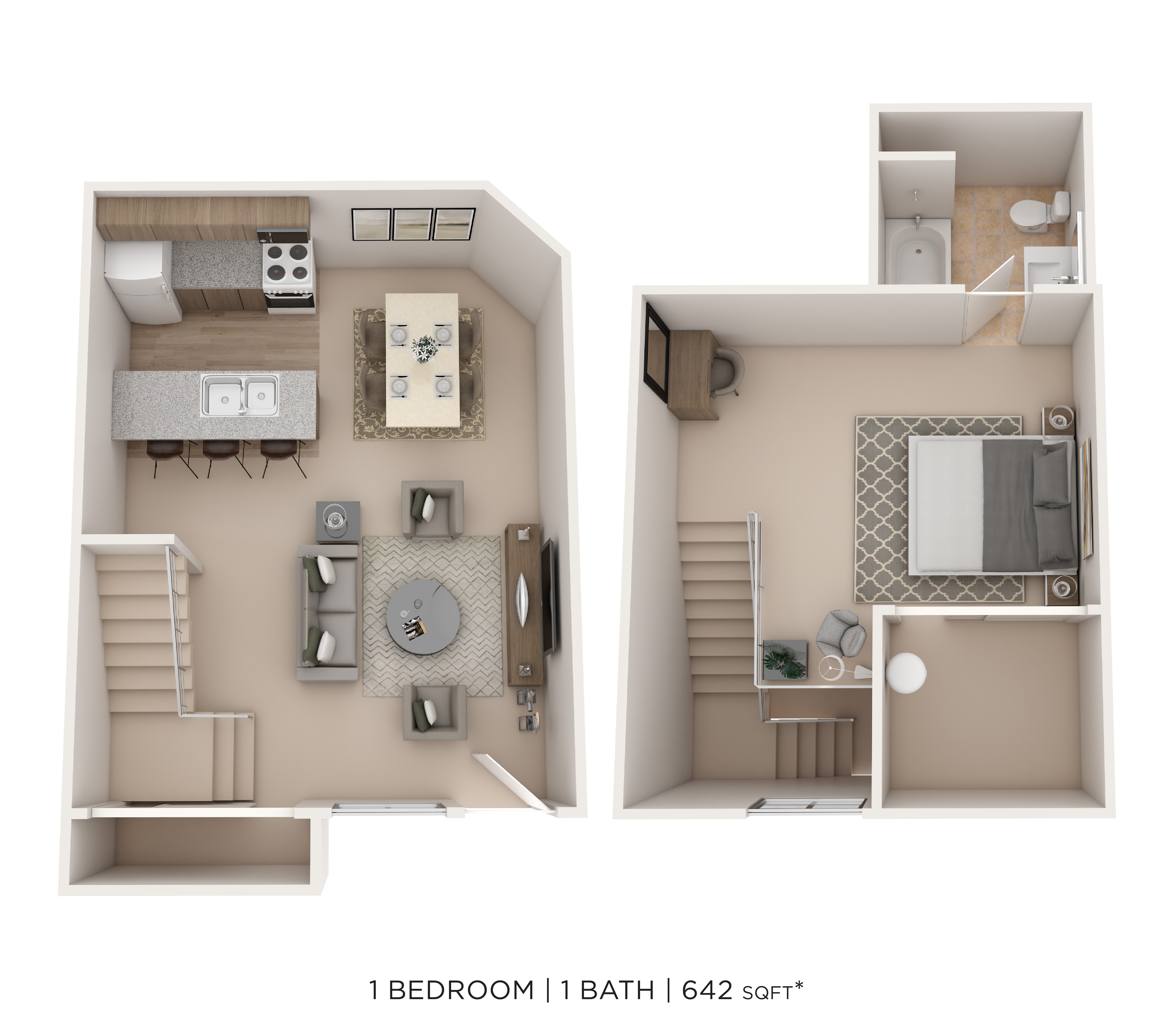 1 Bed  1 Bath 642sqft floor plan