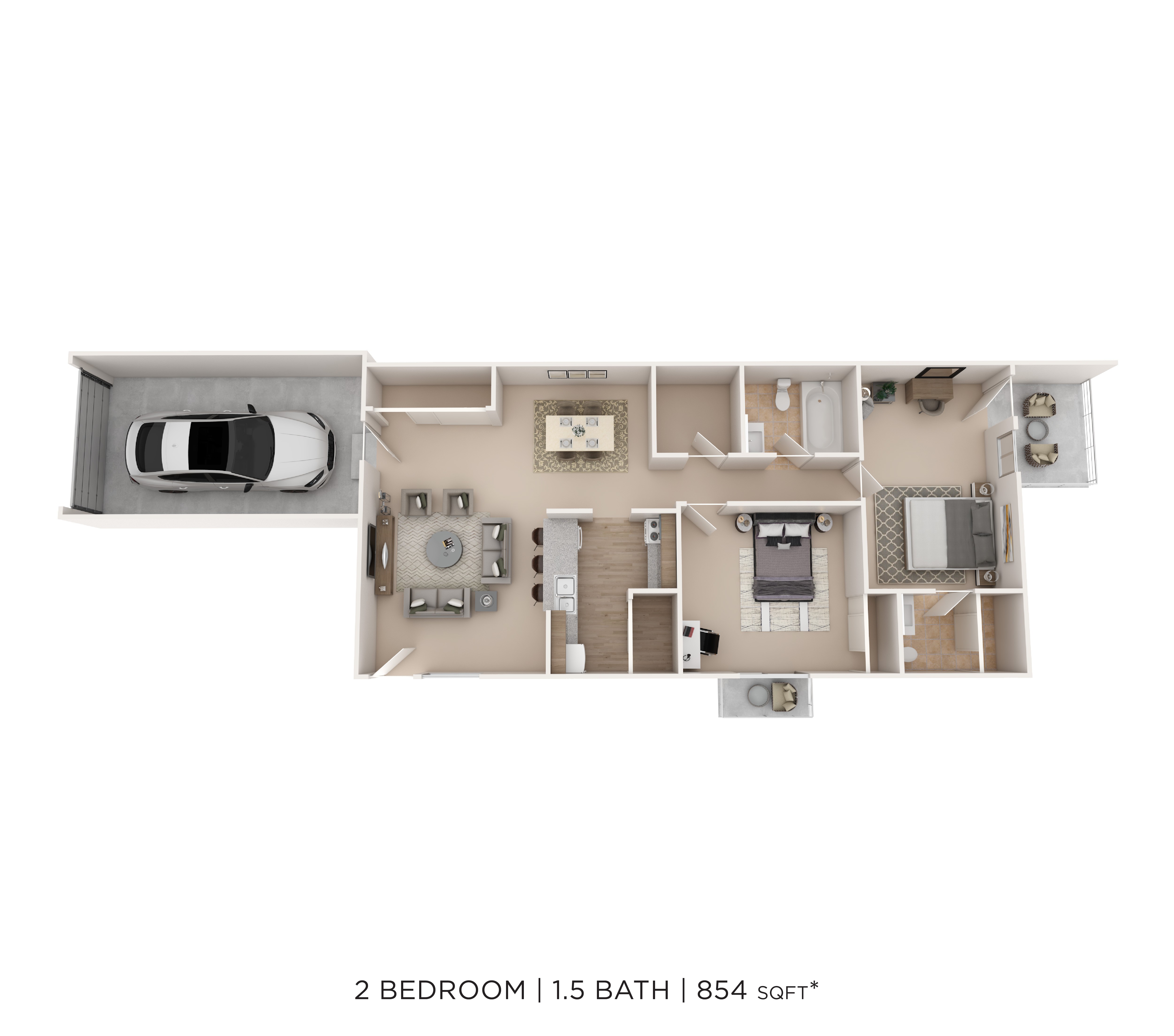 2 Bed  1.5 Bath 854sqft floor plan