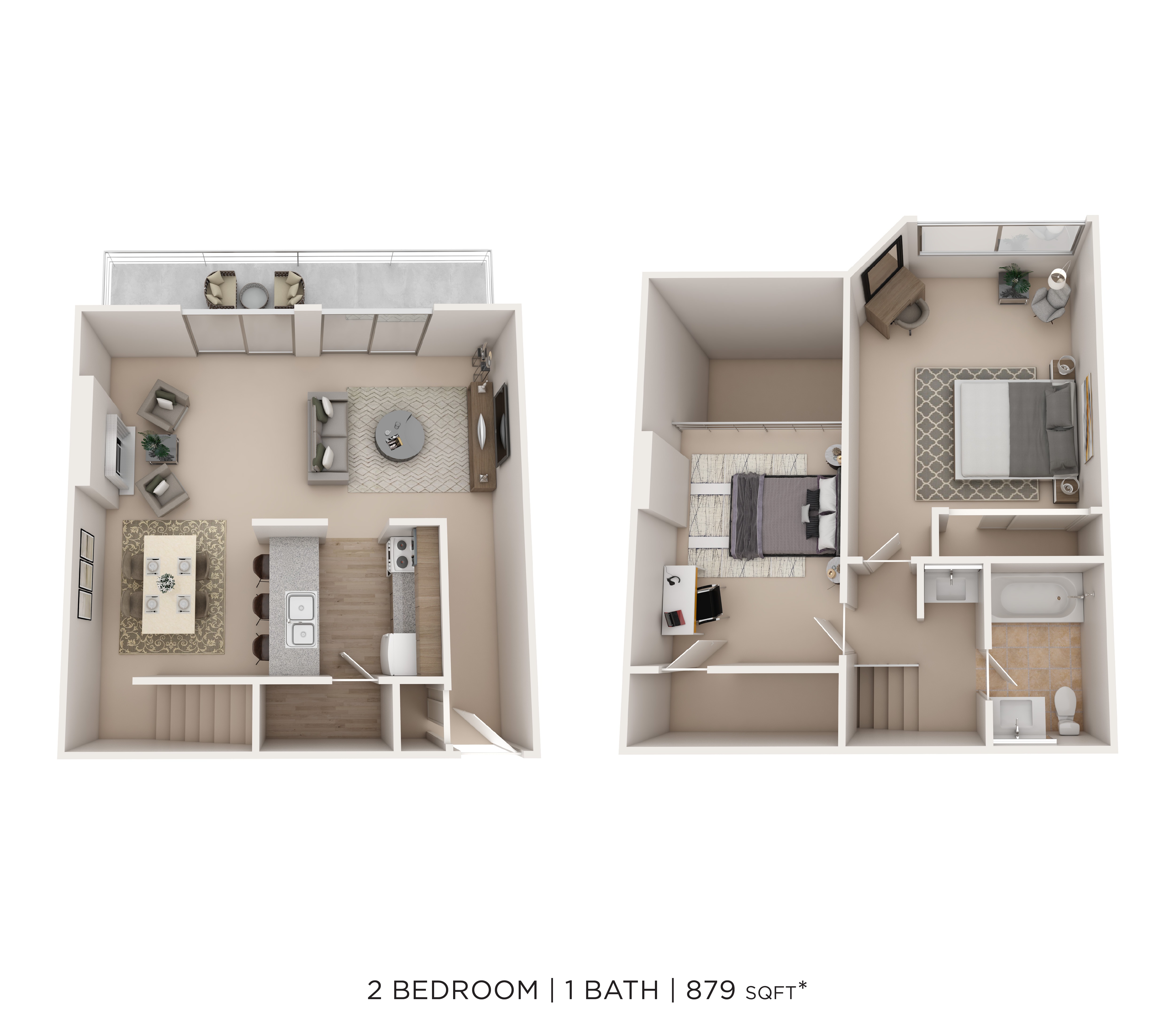 2 Bed  1 Bath 879sqft floor plan