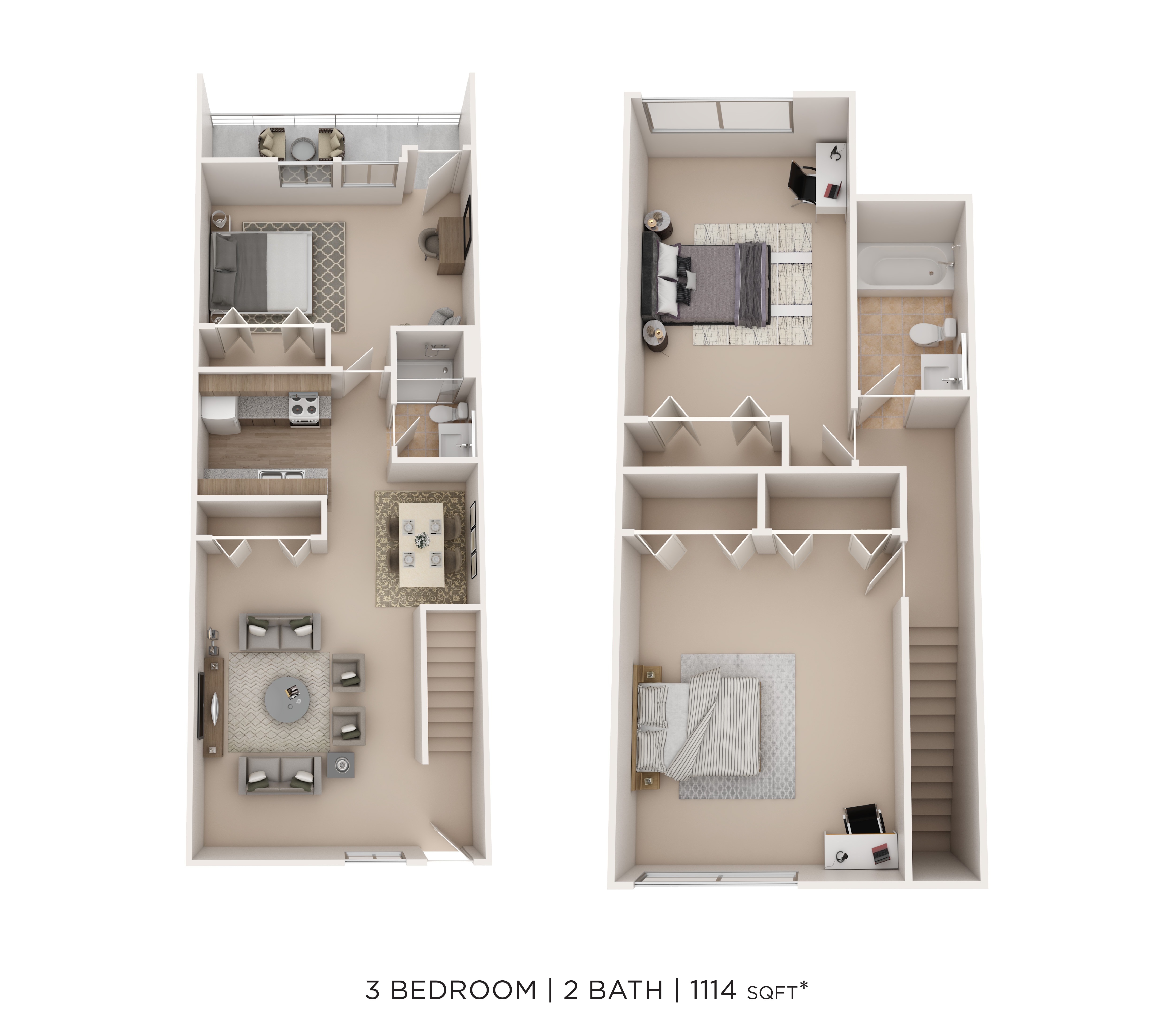 3 Bed 2 Bath 1114sqft floor plan