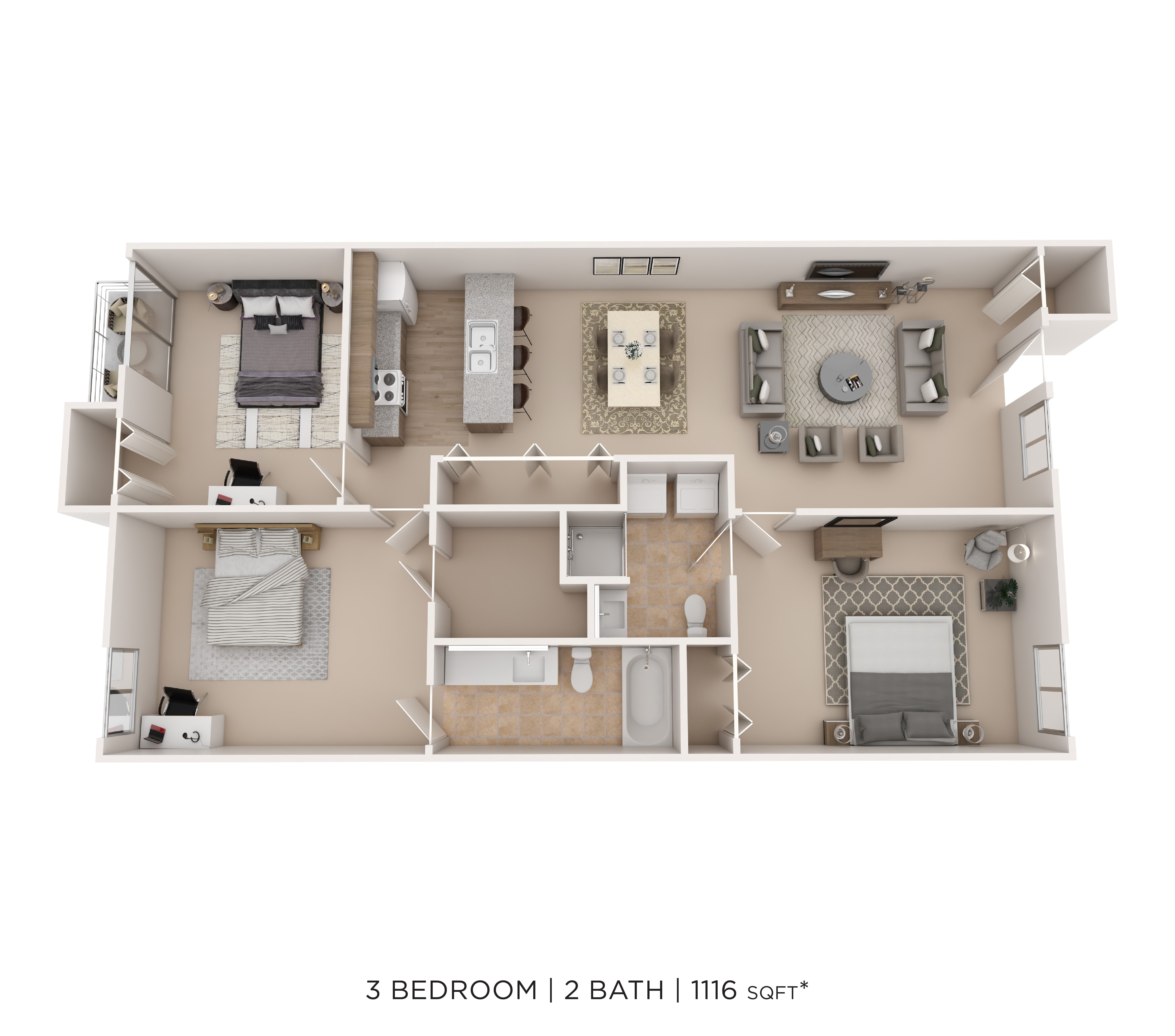 3 Bed 2 Bath 1116sqft floor plan
