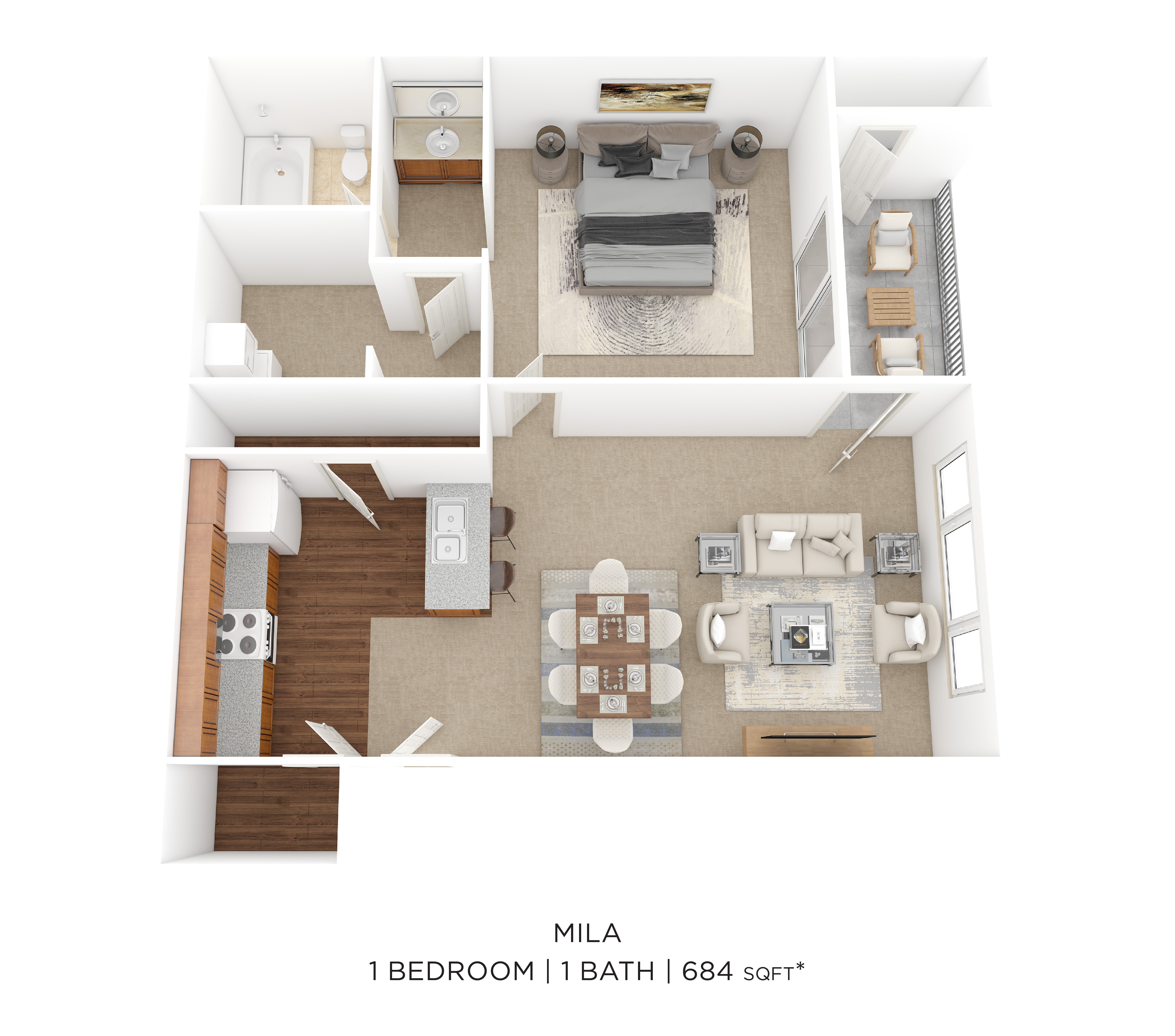 One Bedroom-684 sqft floor plan