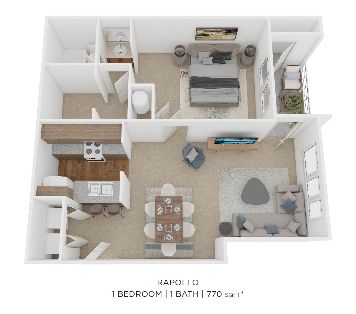 One Bedroom- 770sqft floor plan