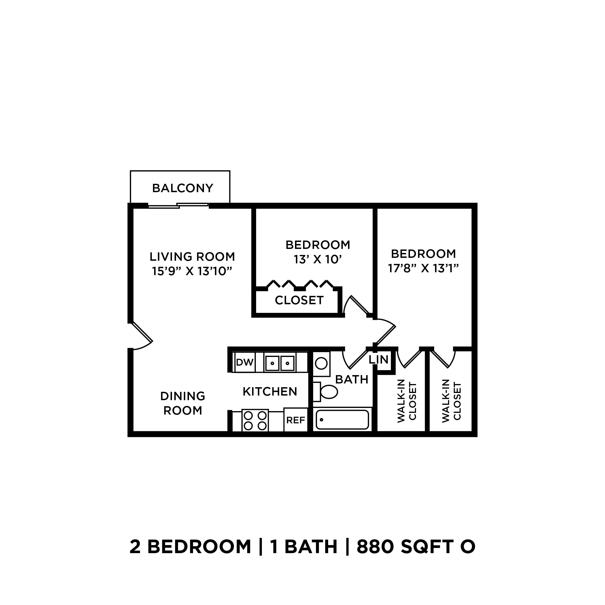 Two Bedroom - 880 sqft floor plan