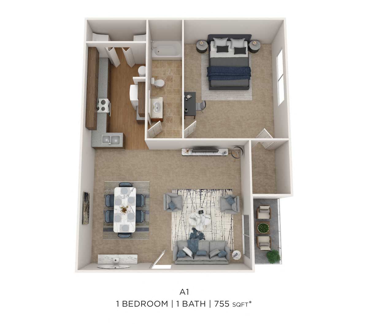One Bedroom-755 sqft floor plan