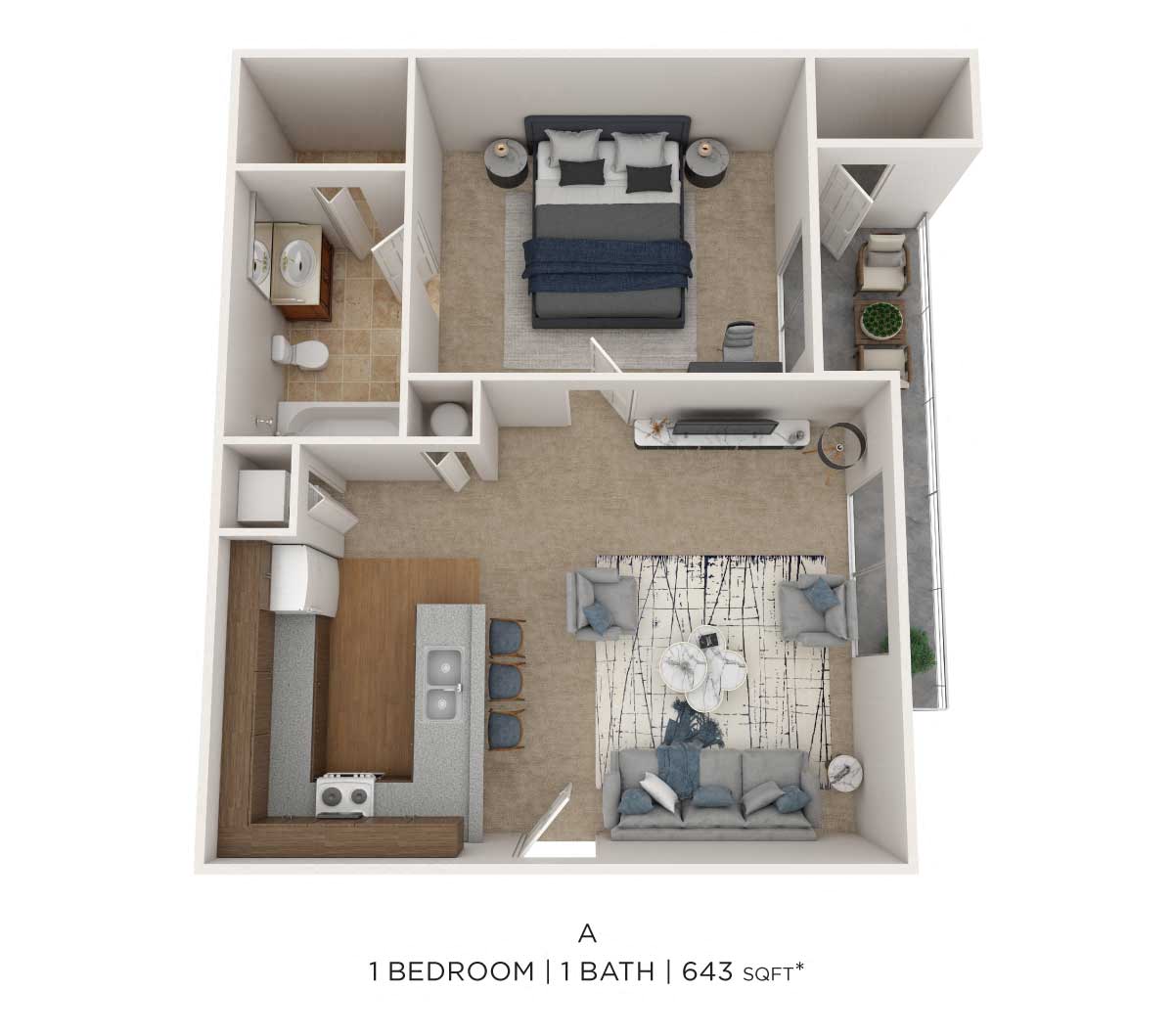 One Bedroom- 643 sqft floor plan