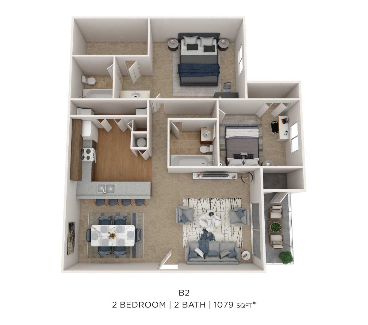 Two Bedroom 2 Bath- 1079 sqft floor plan