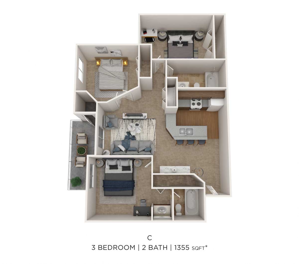 Three Bedroom 2 Bath floor plan