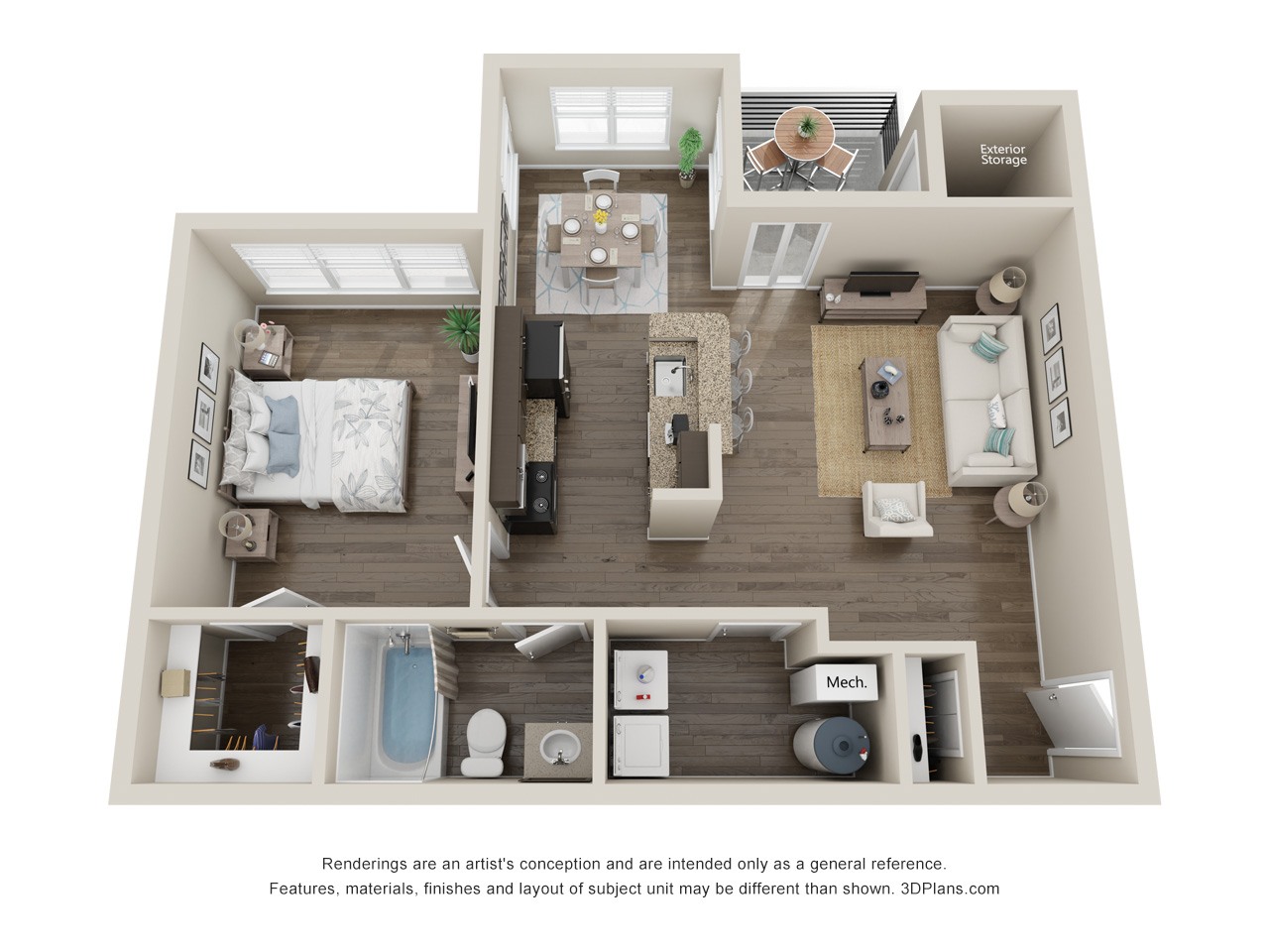 One Bed One Bath 753sqft floor plan