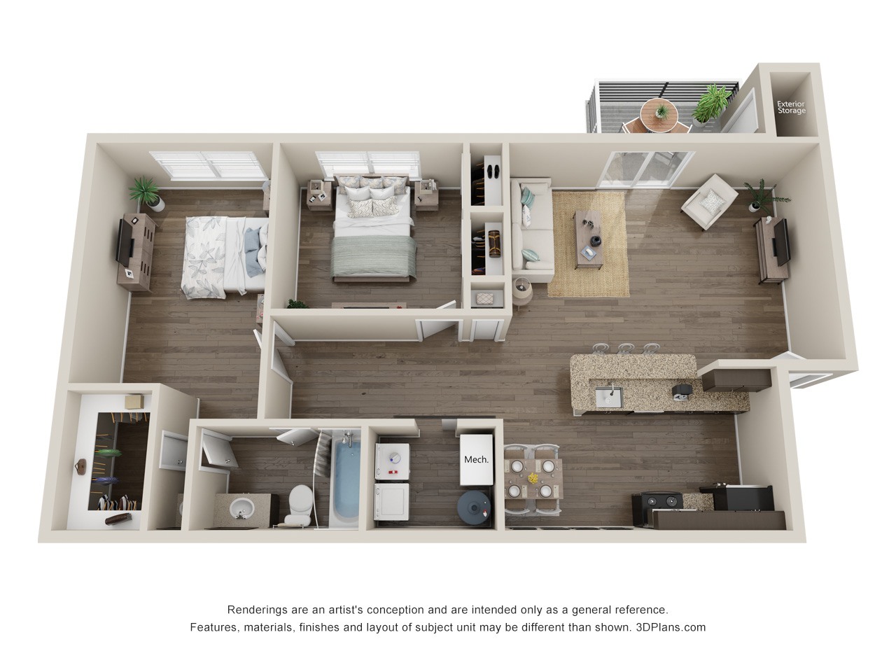 Two Bed One Bath 967sqft floor plan