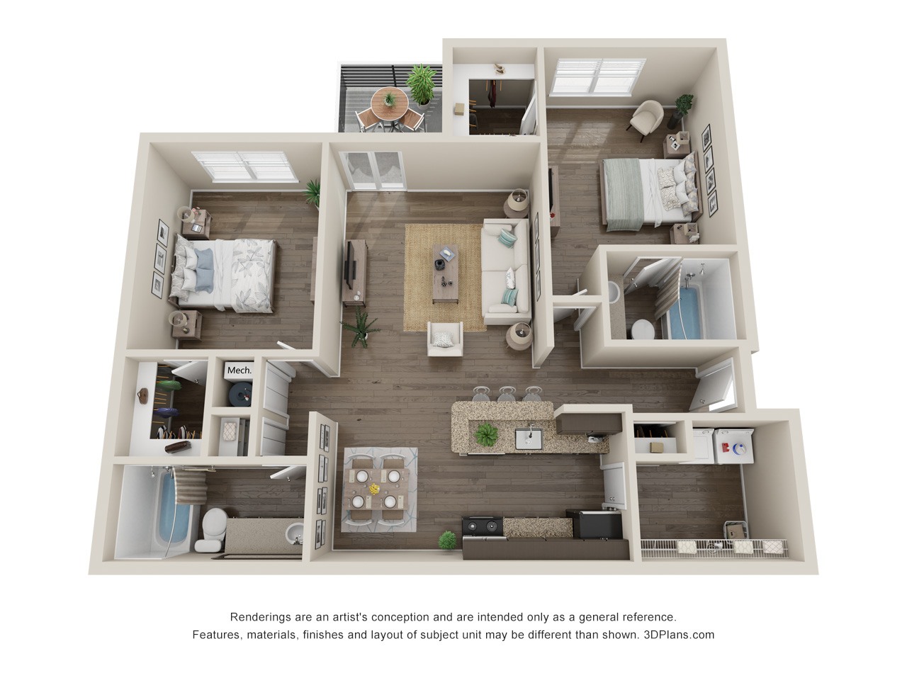 Two Bed Two Bath 1064sqft floor plan
