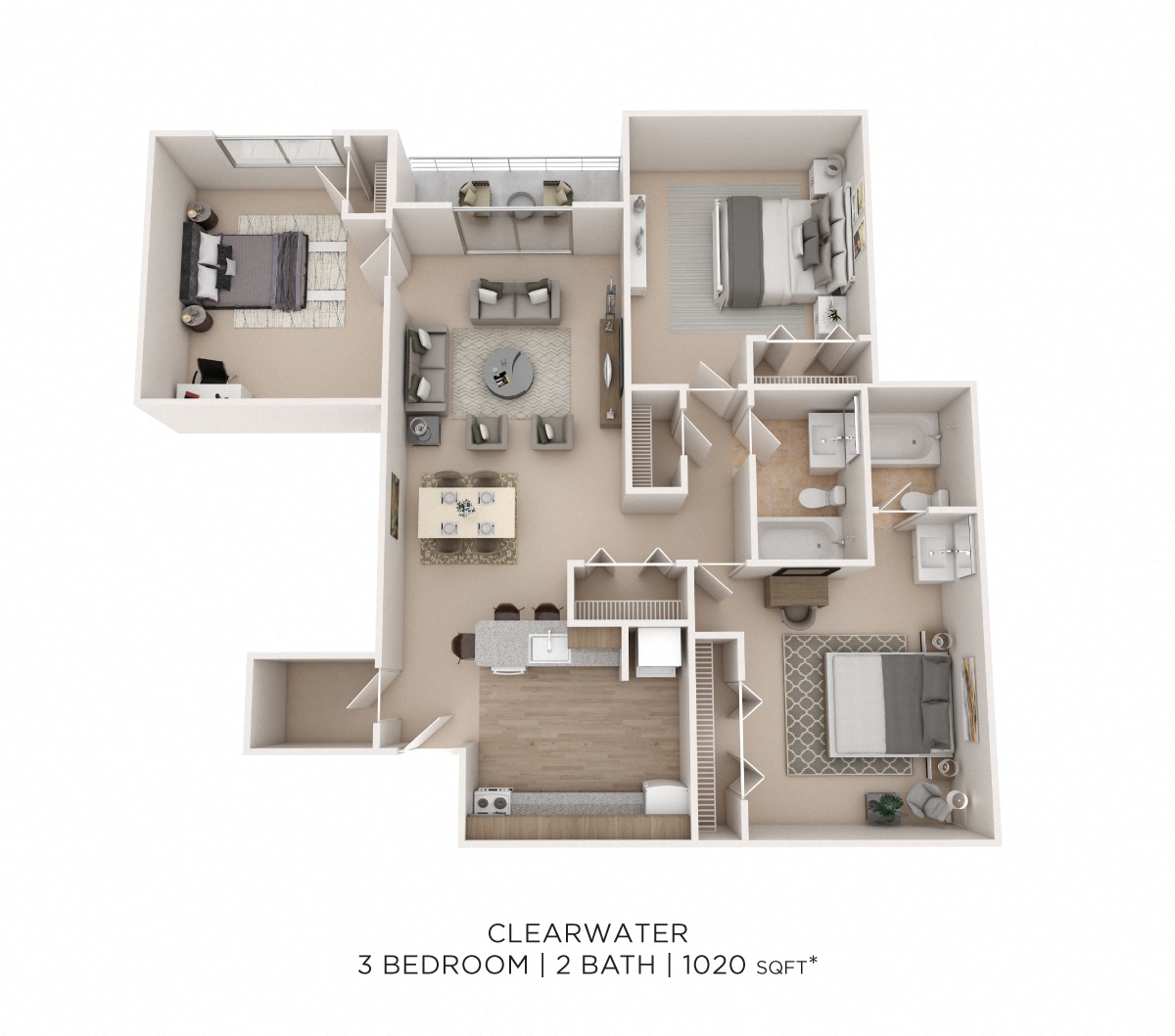 Three Bedroom 2 Bath - 1,020 sqft floor plan