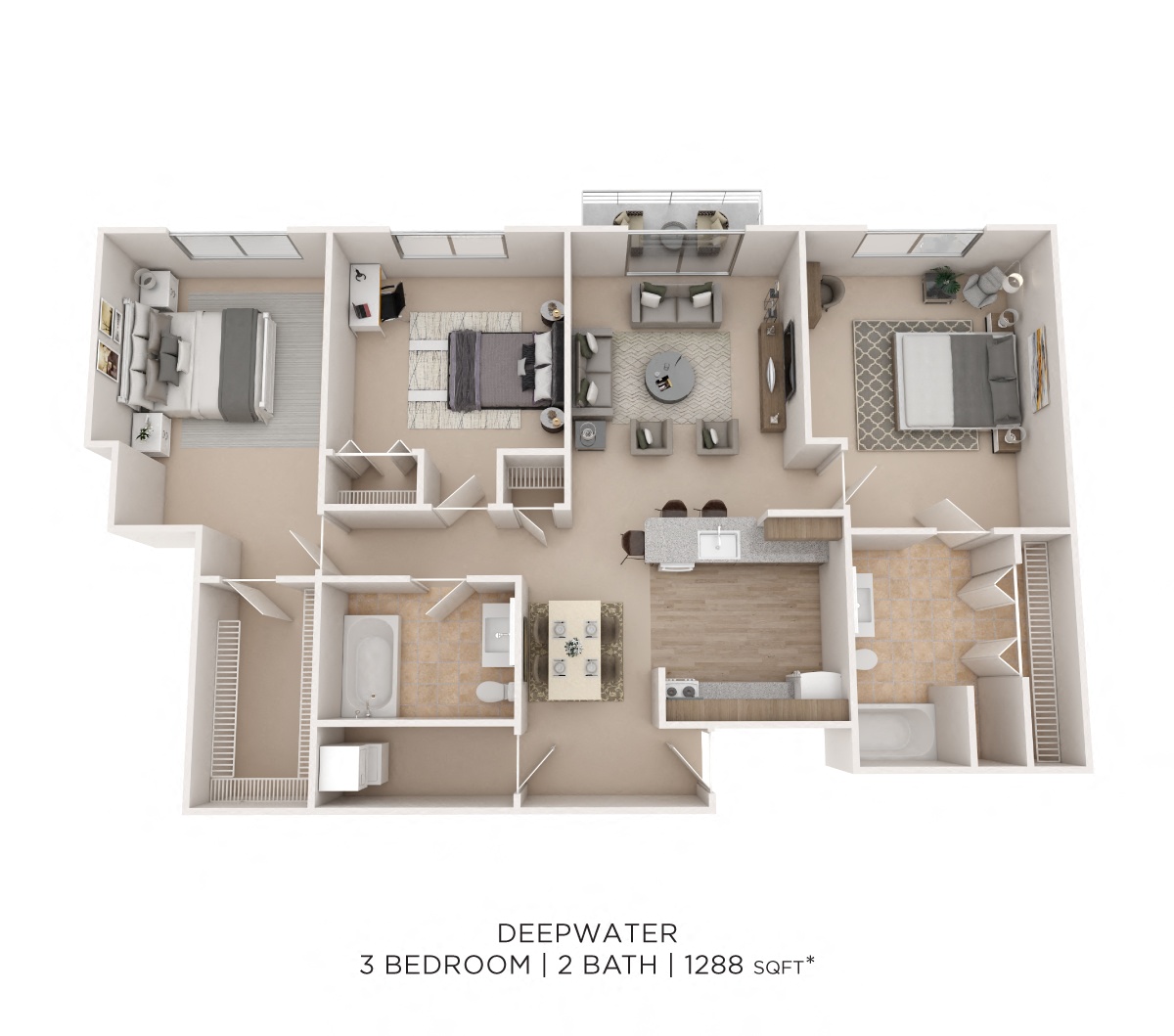 Three Bedroom 2 Bath - 1,288 sqft floor plan