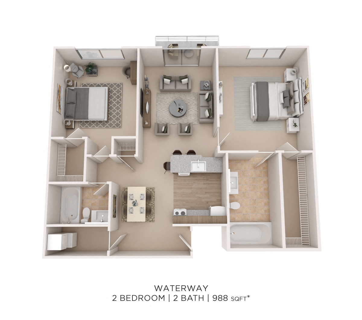 Two Bedroom 2 Bath - 988 sqft floor plan