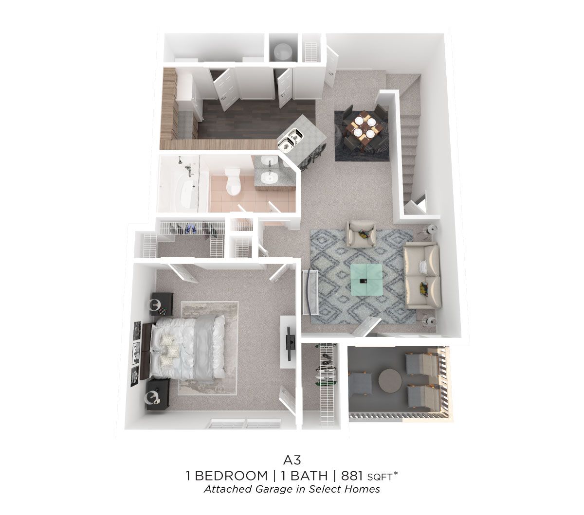 One Bedroom - 881 sqft floor plan