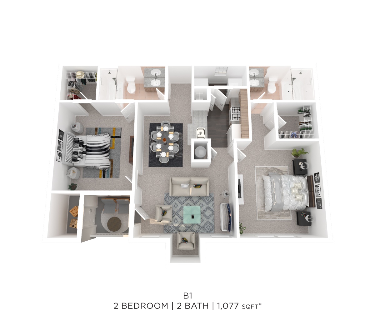 Two Bedroom 2 Bath - 1,077 sqft floor plan