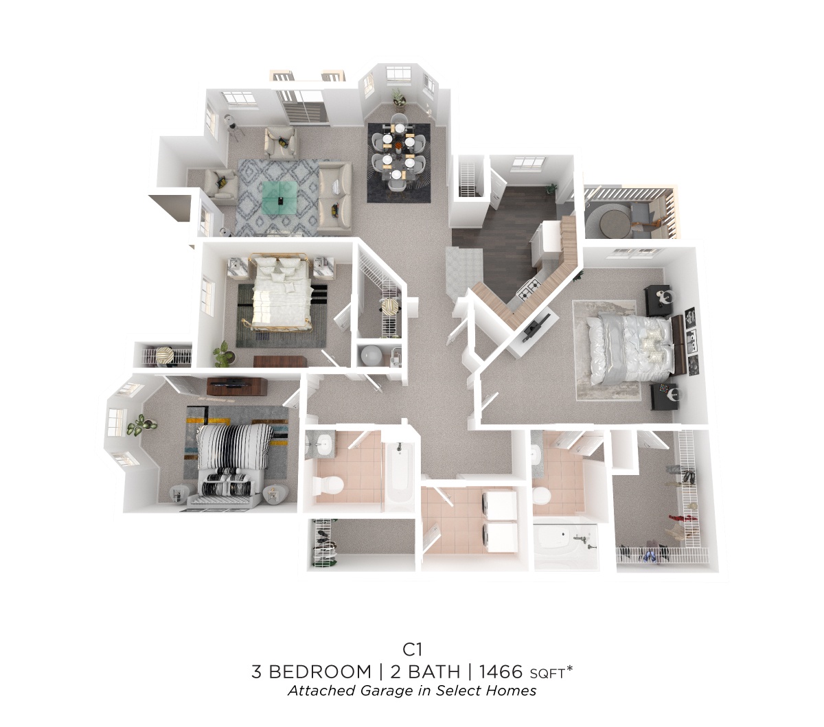 Three Bedroom 2 Bath - 1,466 sqft floor plan