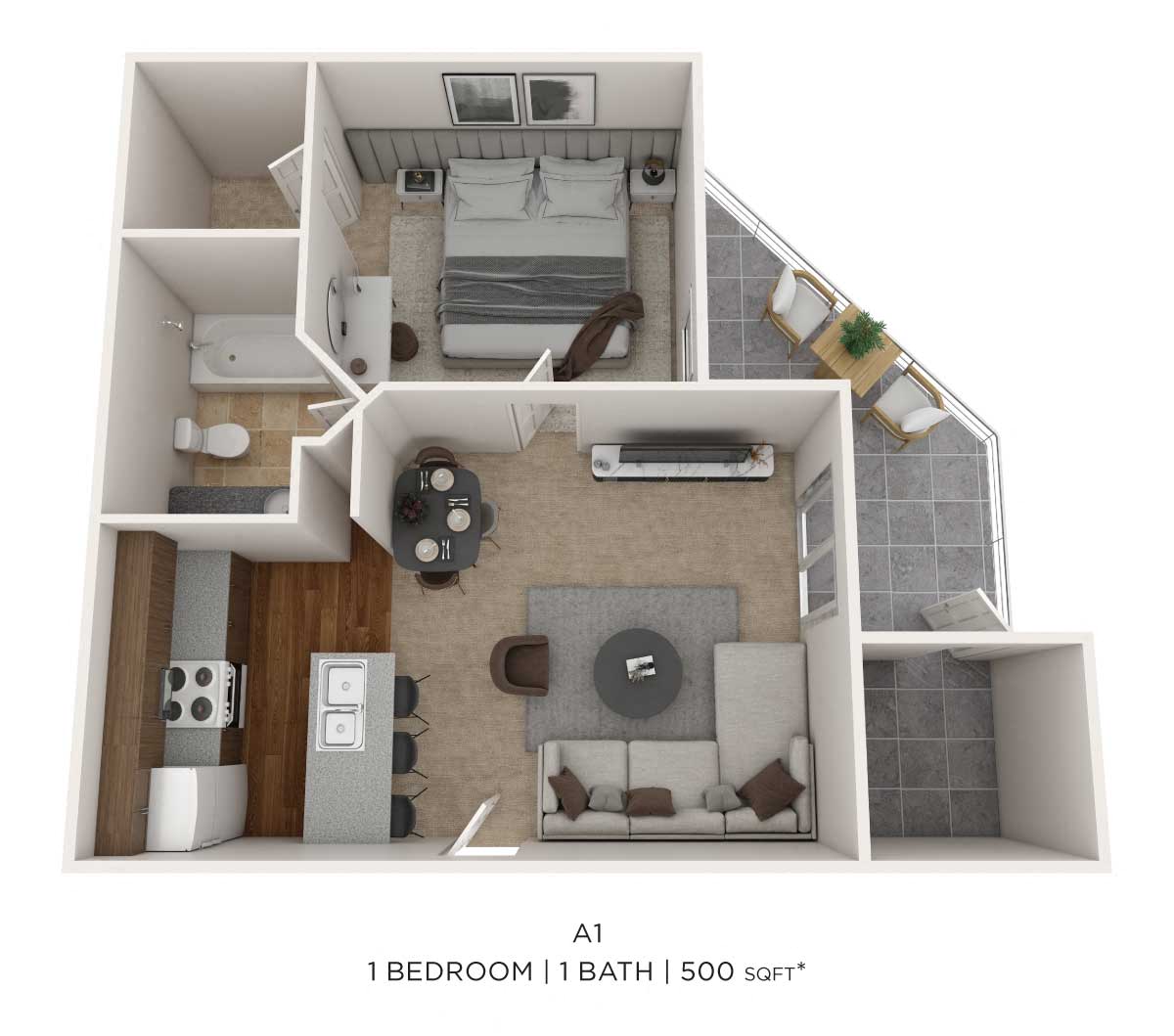 One Bedroom- 500 sqft floor plan