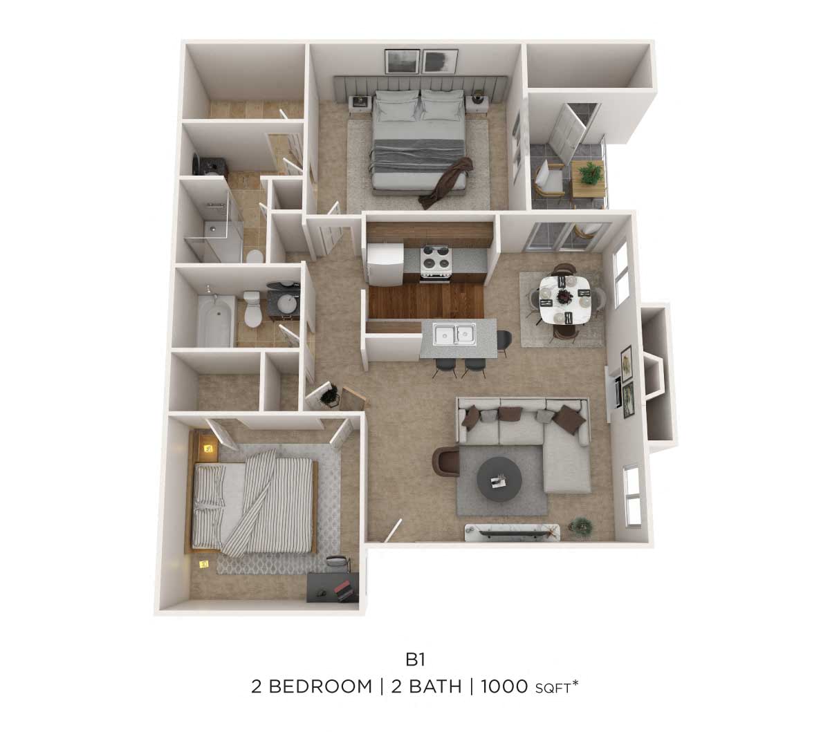 Two Bedroom 2 Bath- 1000 sqft floor plan