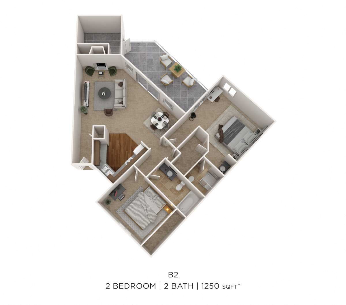 Two Bedroom 2 Bath- 1250 sqft floor plan