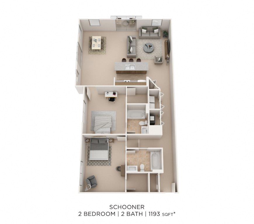 Two Bedroom 2 Bath - 1,193 sqft floor plan