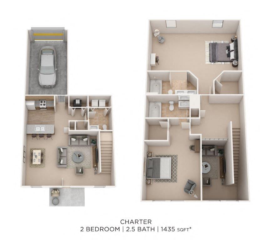 Two Bedroom 2.5 Bath Townhome - 1,435 sqft floor plan