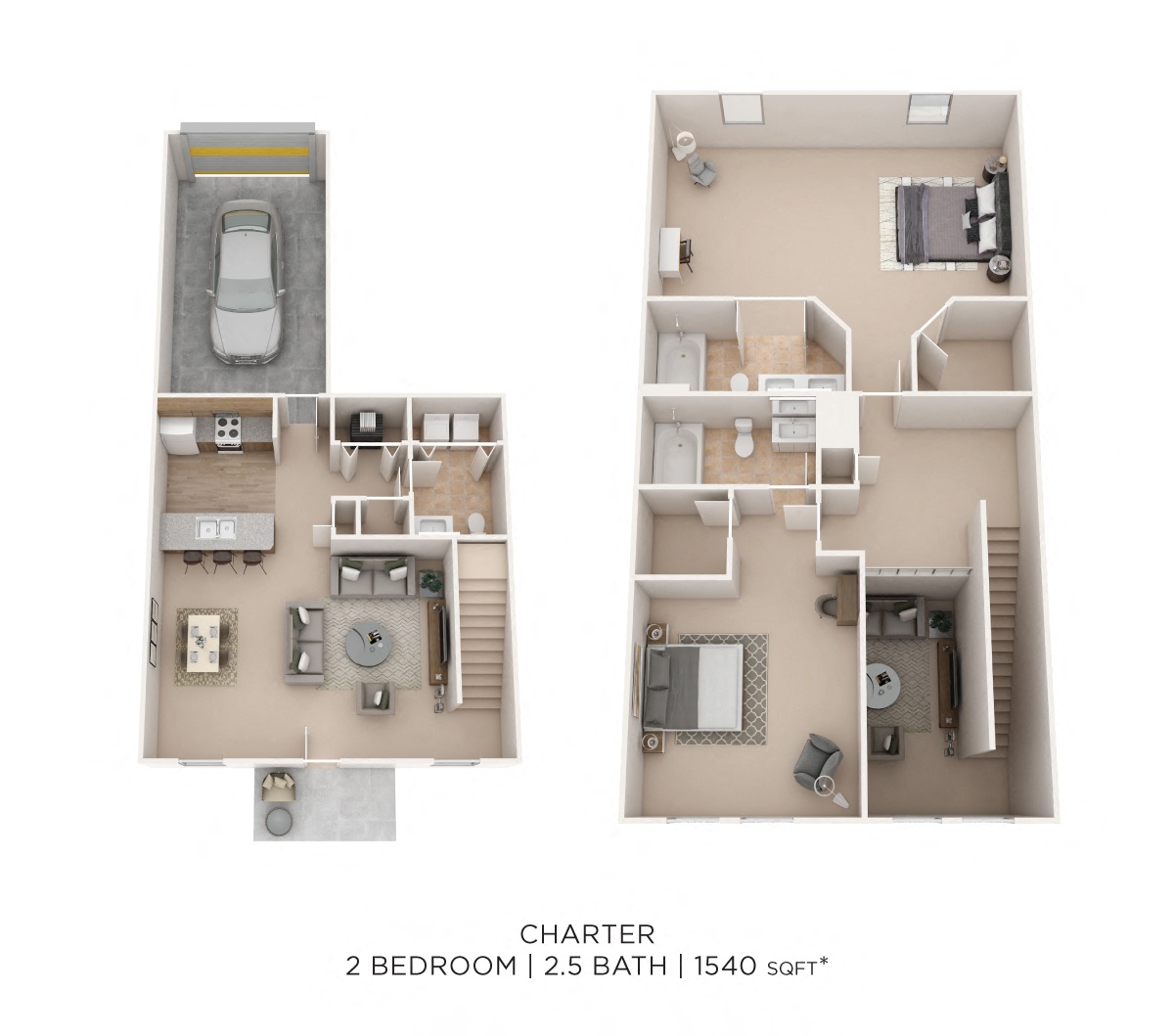 Two Bedroom 2.5 Bath Townhome - 1,540 sqft floor plan