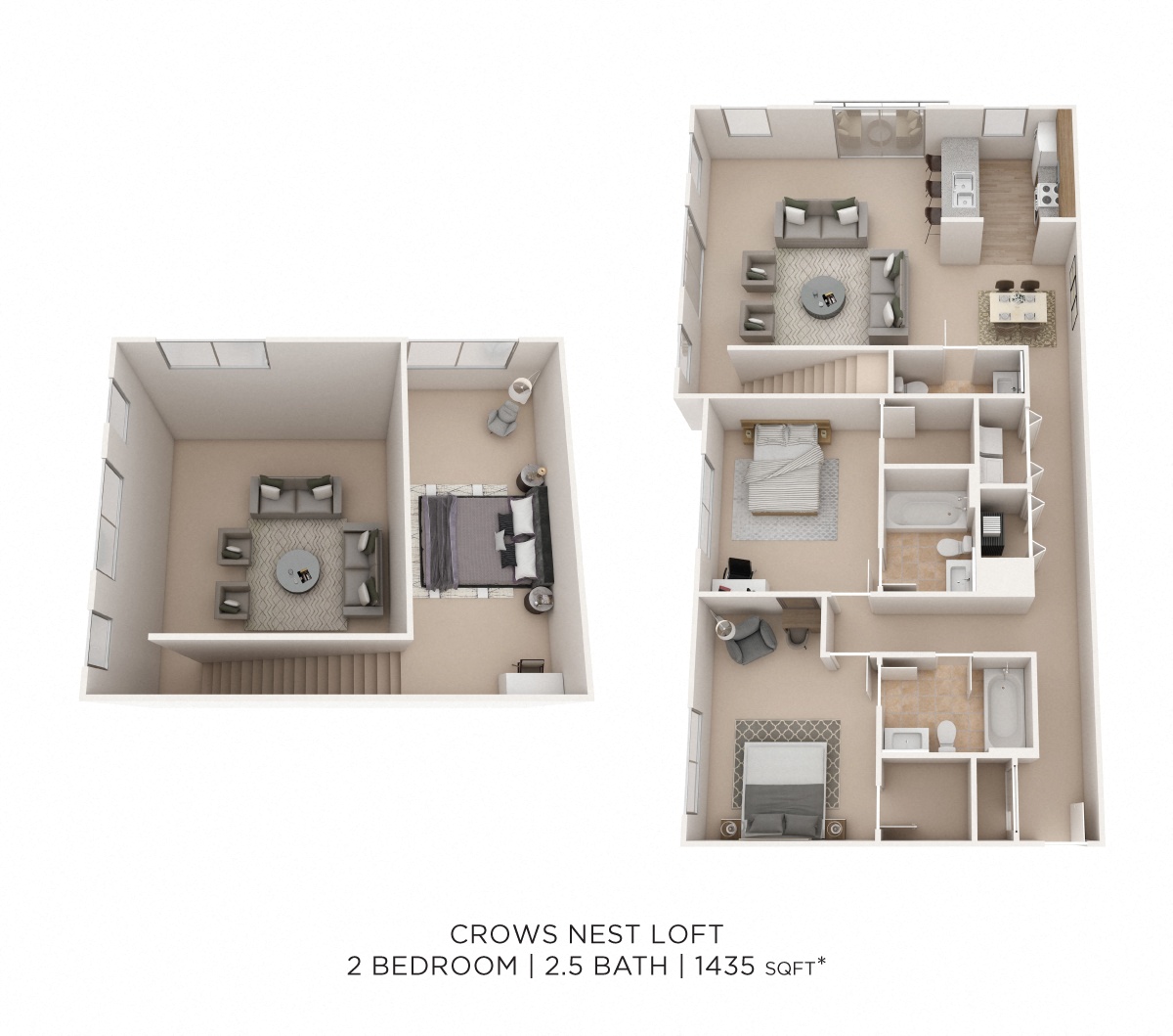 Two Bedroom 2 .5 Bath Loft - 1,435 sqft floor plan